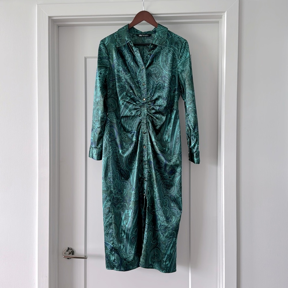 Zara Satin-like Shirt Dress with Gold Buttons